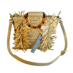 Sondra Roberts Boho Beach Fringe Squared Natural Straw Raffia Weave Bag Purse